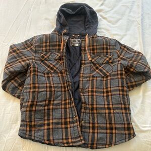 Men's Gray and Orange Plaid Hooded Jacket